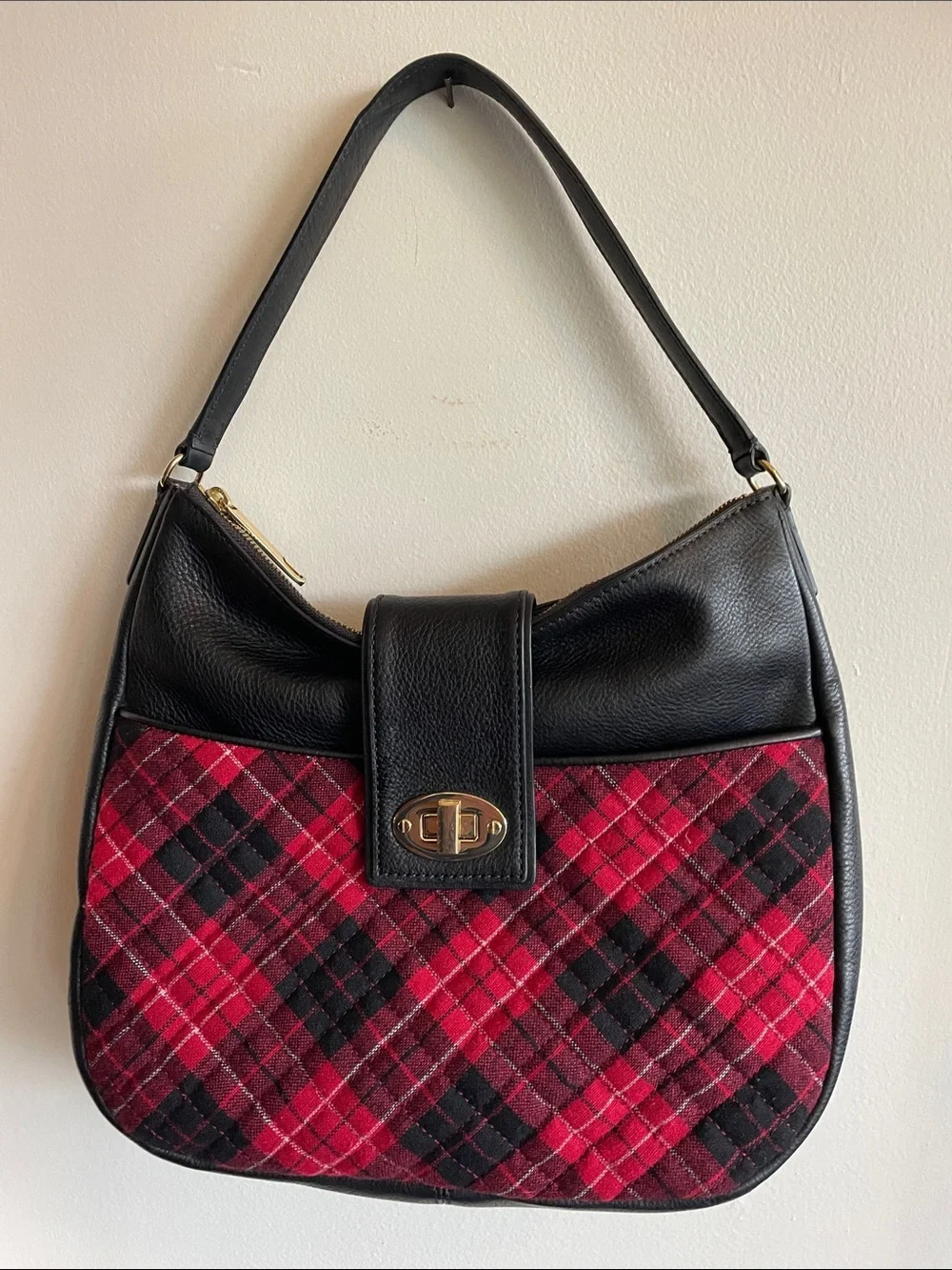 TALBOTS Greenwich Quilted Tartan & Leather Hobo Shoulder Bag